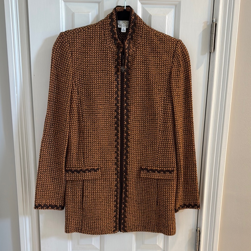 St. John Collection Brown Jacket Classic Tailored Silhouette w/ Zip Front